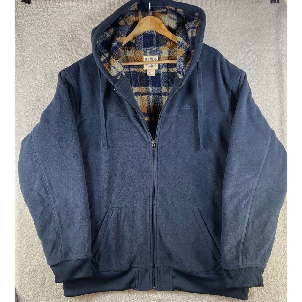 red head brand full zip fleece hooded jacket mens 2XL plaid sherpa lined heavy
